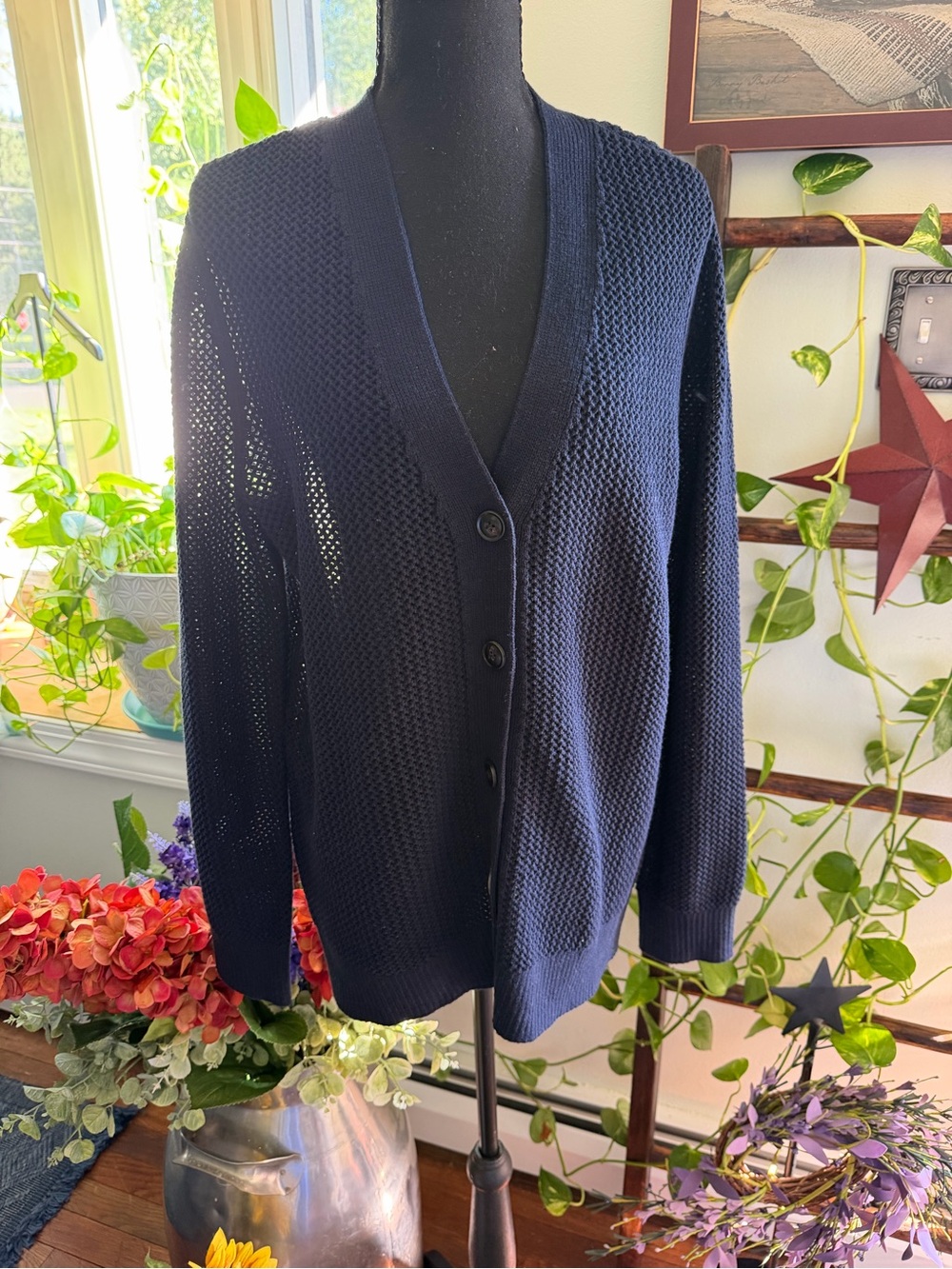 Architect Navy Button-Front Textured Cardigan